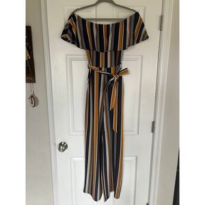 Almost Famous Off the Shoulder Stripe Ruffle Jumpsuit Blue Yellow White Small
